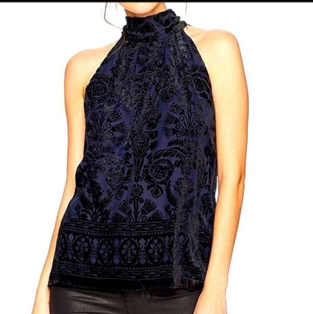 MAX STUDIO Devore Velvet Midnight Blue Top Size S NWT